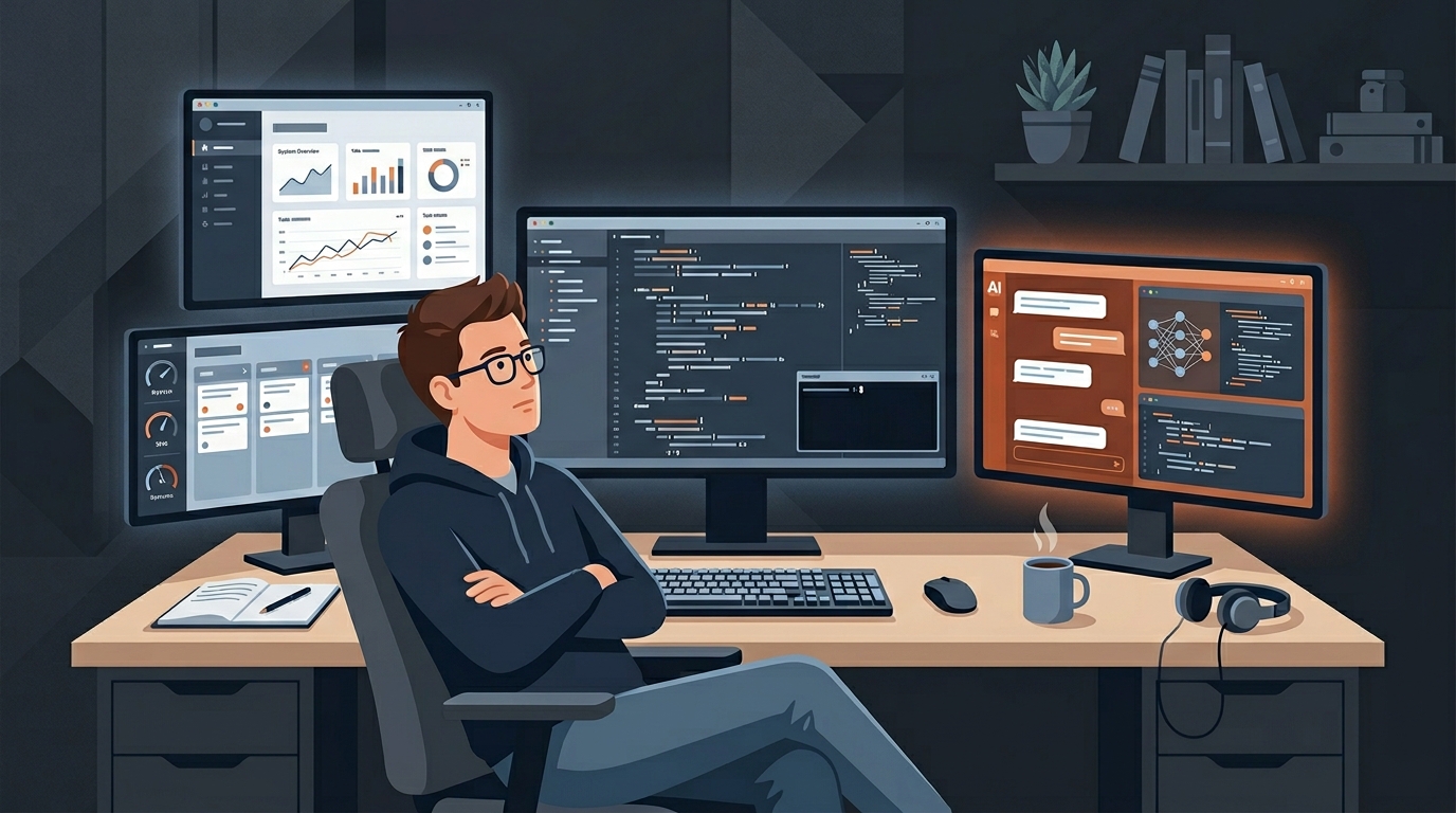 複数画面に囲まれて腕組みする開発者