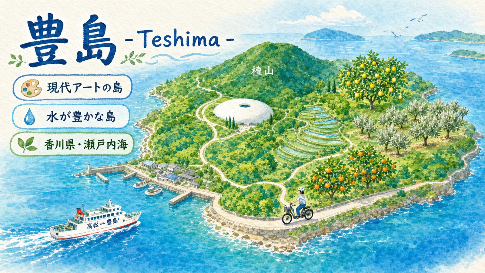 豊島の紹介イラストマップ。瀬戸内海に浮かぶ緑豊かな島に、檀山、水滴型の美術館、棚田、レモンやオリーブの木、サイクリスト、高松からのフェリーが描かれている