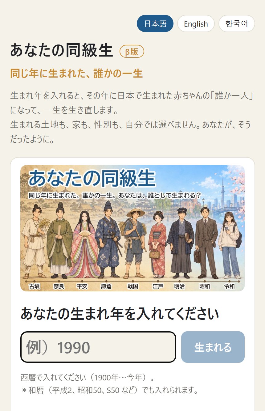 生まれ年を入れる最初の画面。古墳から令和まで、時代ごとの人物が並ぶ